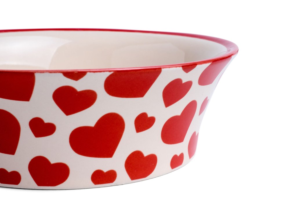 RED HEARTS FLARED CERAMIC CAT BOWL