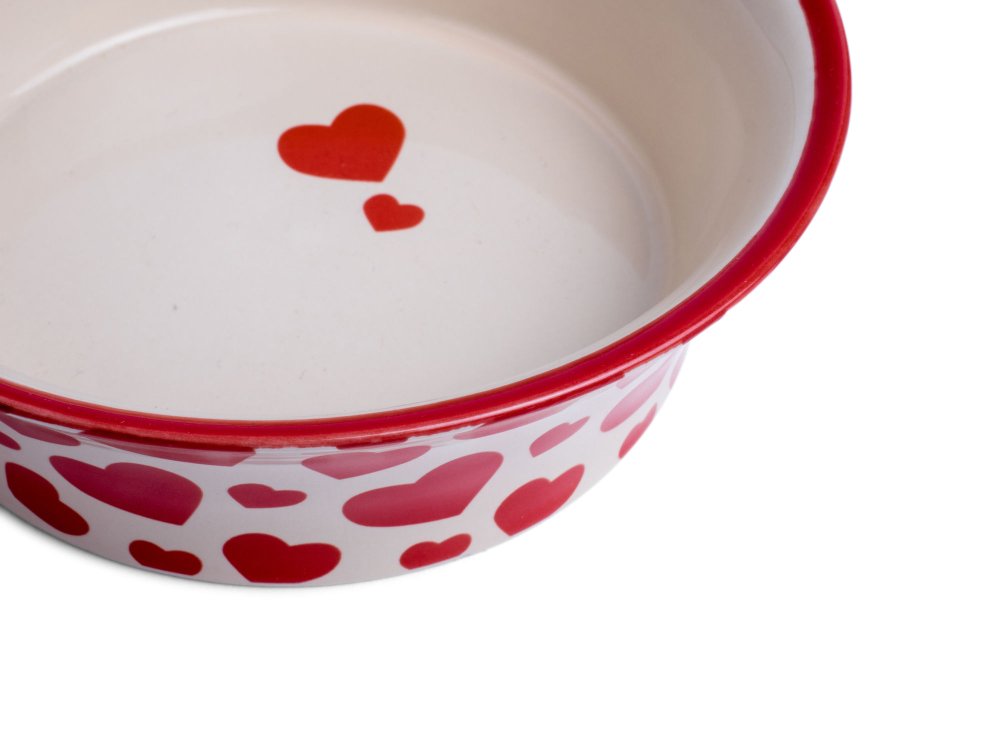 RED HEARTS FLARED CERAMIC CAT BOWL