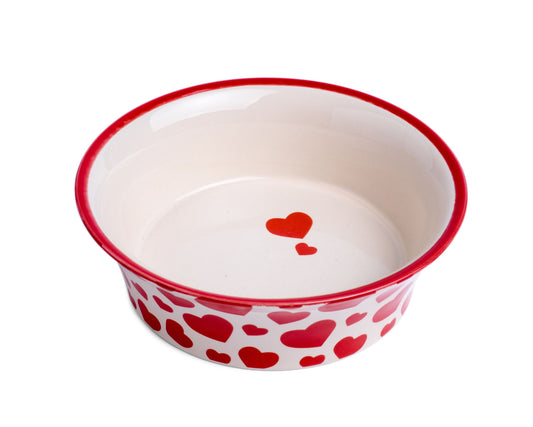 RED HEARTS FLARED CERAMIC CAT BOWL